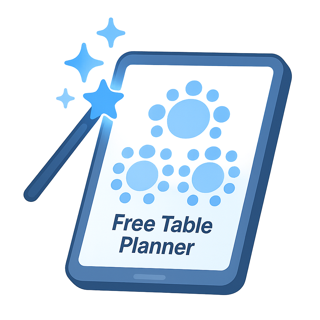 Illustrated tablet with a sparkling wand that reads "Free Table Planner"