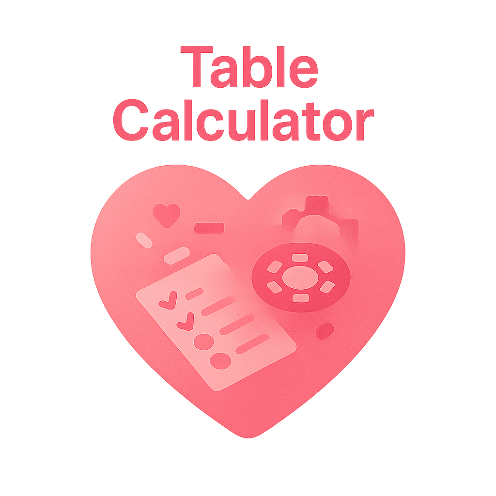 Heart illustration with seating icons that reads "Table Calculator"